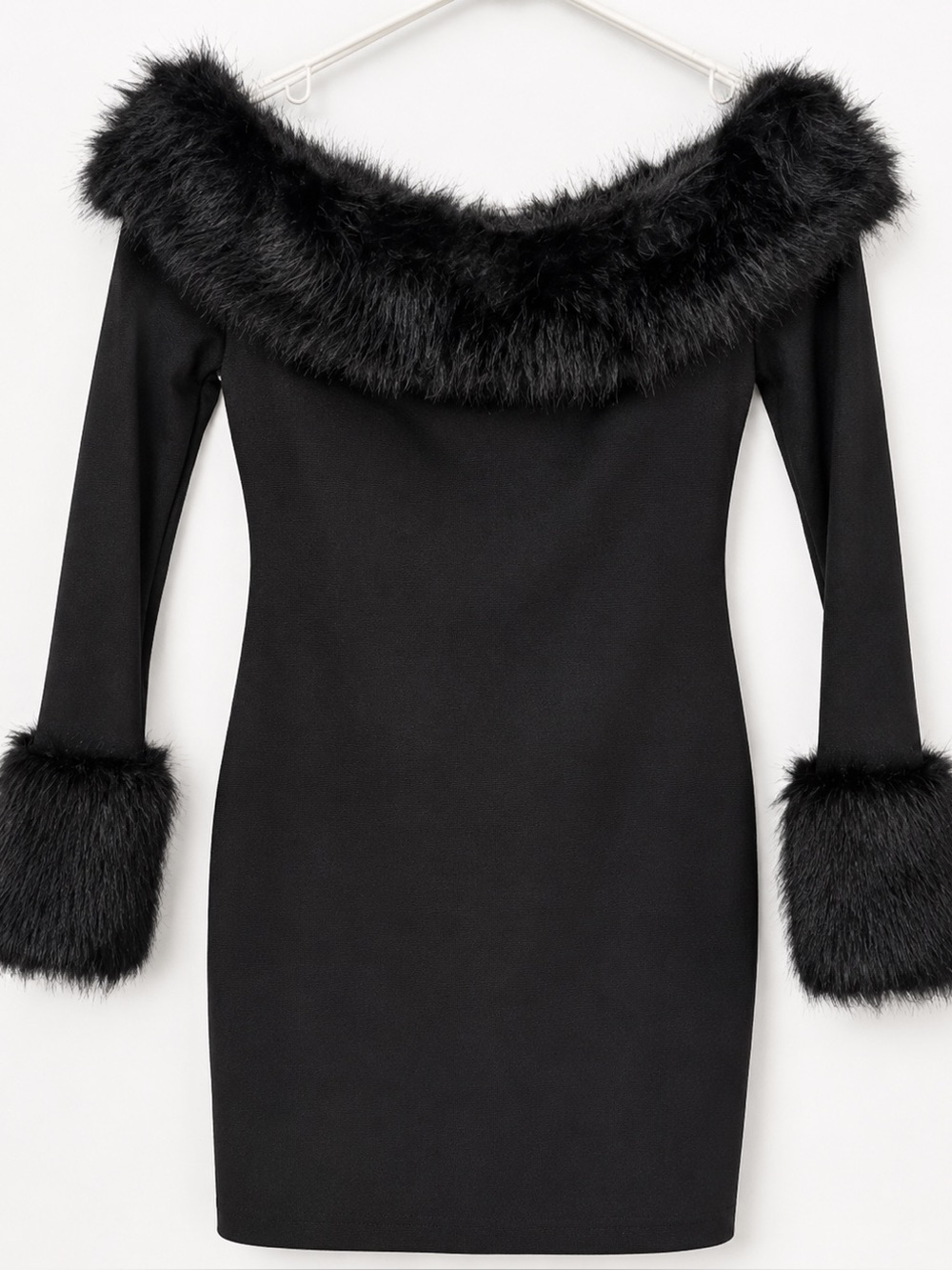 WOW Couture Black Faux Fur Off Shoulder Bodycon Mini Dress Size M